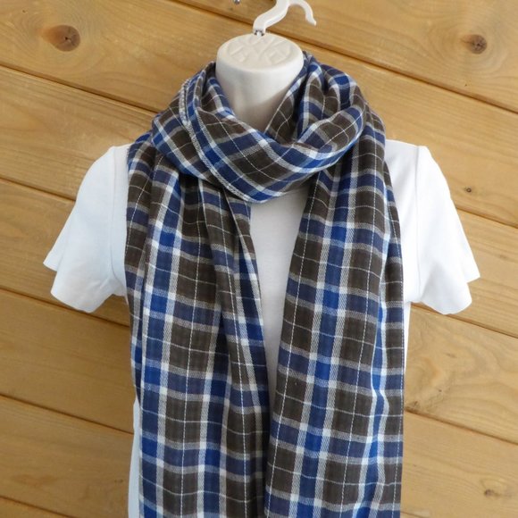 L.O.G.G. H&M Blue Gray Check Reversible w/Tassel Crinkle Wrap Shawl Muffler - Picture 2 of 8